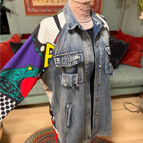 For Her NYC Jackets & Blazers - For Her NYC denim colorful cartoon long Jean Jacket L/XL